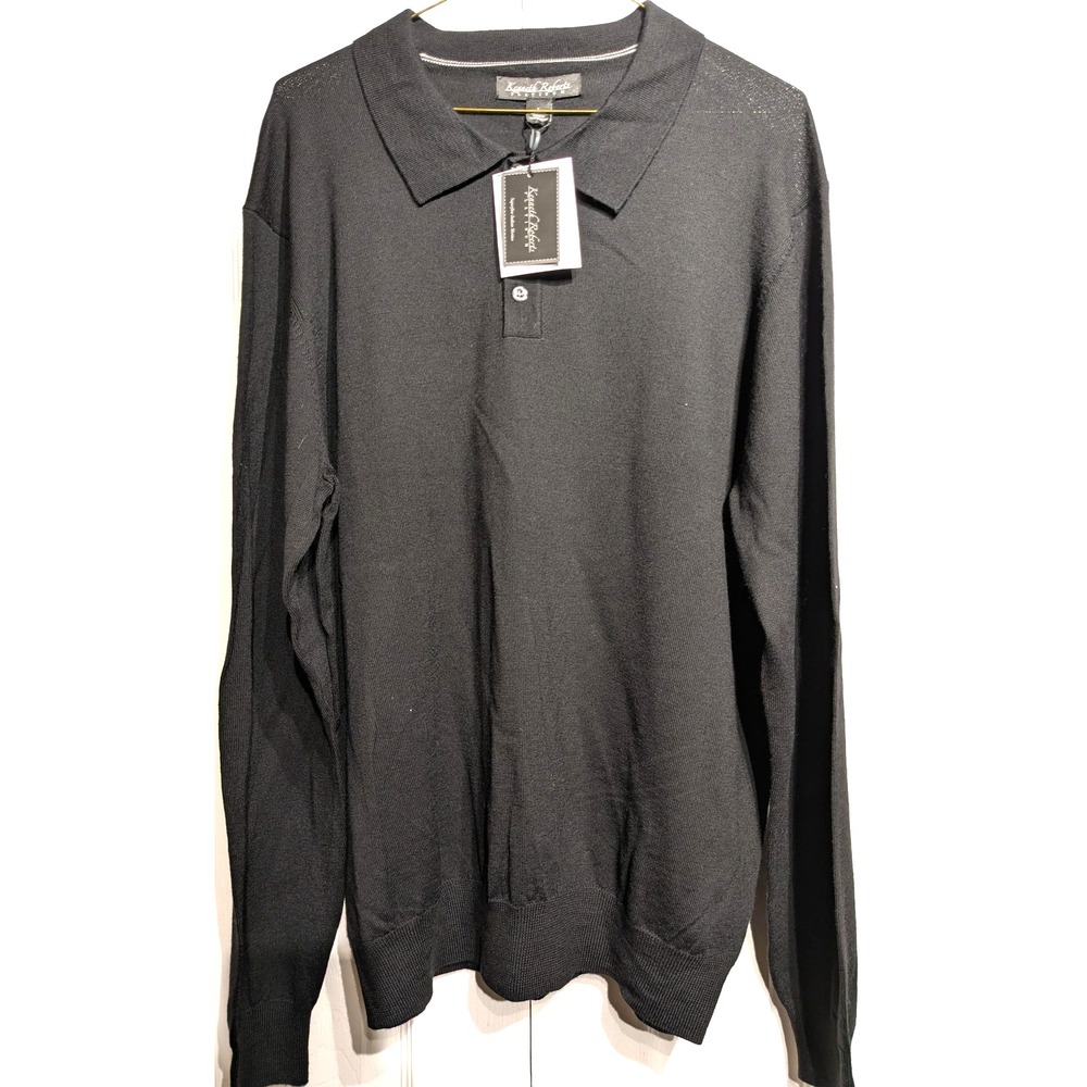 NEW Kenneth Roberts Platinum Sweater Mens L Black Merino Wool Polo Knit KROF25SY